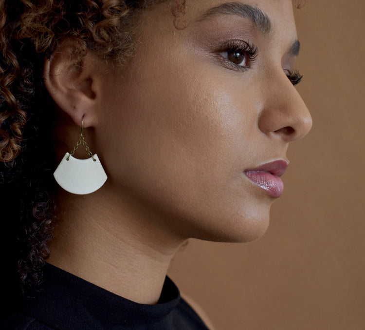 sculptural, lightweight, fan shaped, handcrafted statement dangle earrings, white